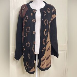 Victoria Woman Animal Print Knit Cardigan Black/Brown Plus Size 2X